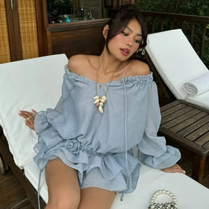 Y2K Off Shoulder Ruffled Mini Dress view 3 | MAUVSTUDIO®