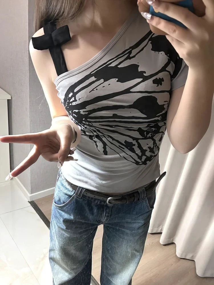 Y2K One Shoulder Butterfly Top with printed graphic, Y2K top styled with low rise bottoms