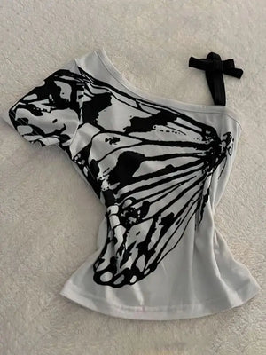Y2K One Shoulder Butterfly Top with printed graphic, Y2K top styled with low rise bottoms