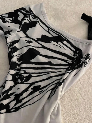 Y2K One Shoulder Butterfly Top with printed graphic, Y2K top styled with low rise bottoms