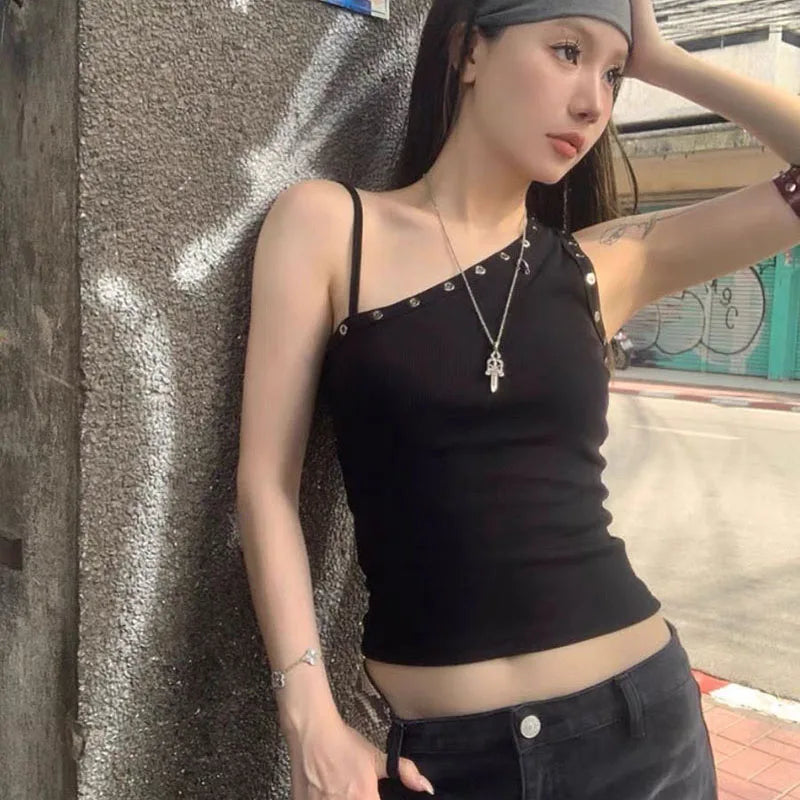 Y2K One Shoulder Grommet Top with ribbed knit, Y2K tube top styled with low rise bottoms