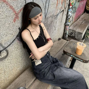 Y2K One Shoulder Grommet Top with ribbed knit, Y2K tube top styled with low rise bottoms