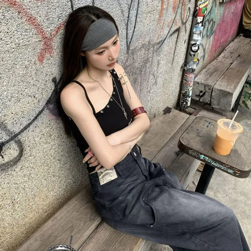 Y2K One Shoulder Grommet Top with ribbed knit, Y2K tube top styled with low rise bottoms