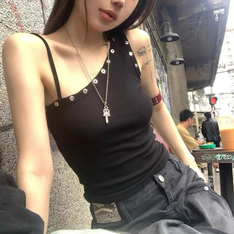 Y2K One Shoulder Grommet Top with ribbed knit, Y2K tube top styled with low rise bottoms