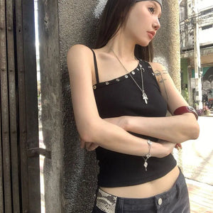 Y2K One Shoulder Grommet Top with ribbed knit, Y2K tube top styled with low rise bottoms