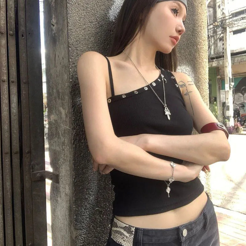 Y2K One Shoulder Grommet Top with ribbed knit, Y2K tube top styled with low rise bottoms