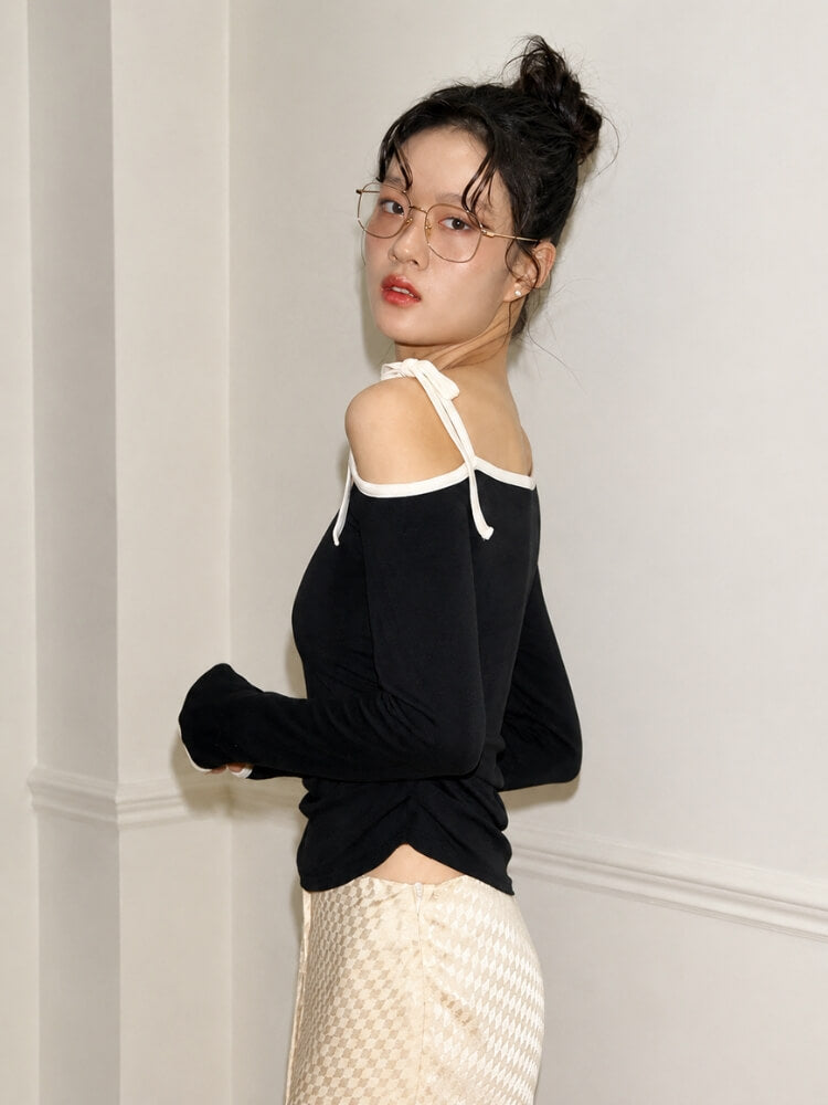 Y2K One Shoulder Top with tie detail, Y2K long sleeve top styled with low rise bottoms