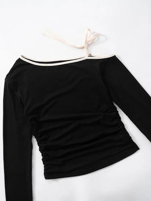 Y2K One Shoulder Top with tie detail, Y2K long sleeve top styled with low rise bottoms