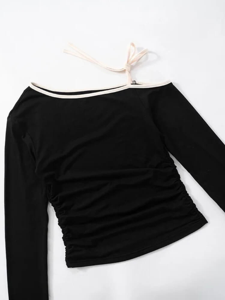 Y2K One Shoulder Top with tie detail, Y2K long sleeve top styled with low rise bottoms