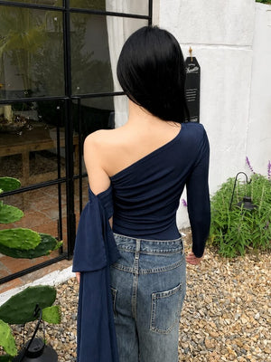 Y2K One Sleeve Draped Blouse with gathered bust, Y2K long sleeve top styled with low rise bottoms