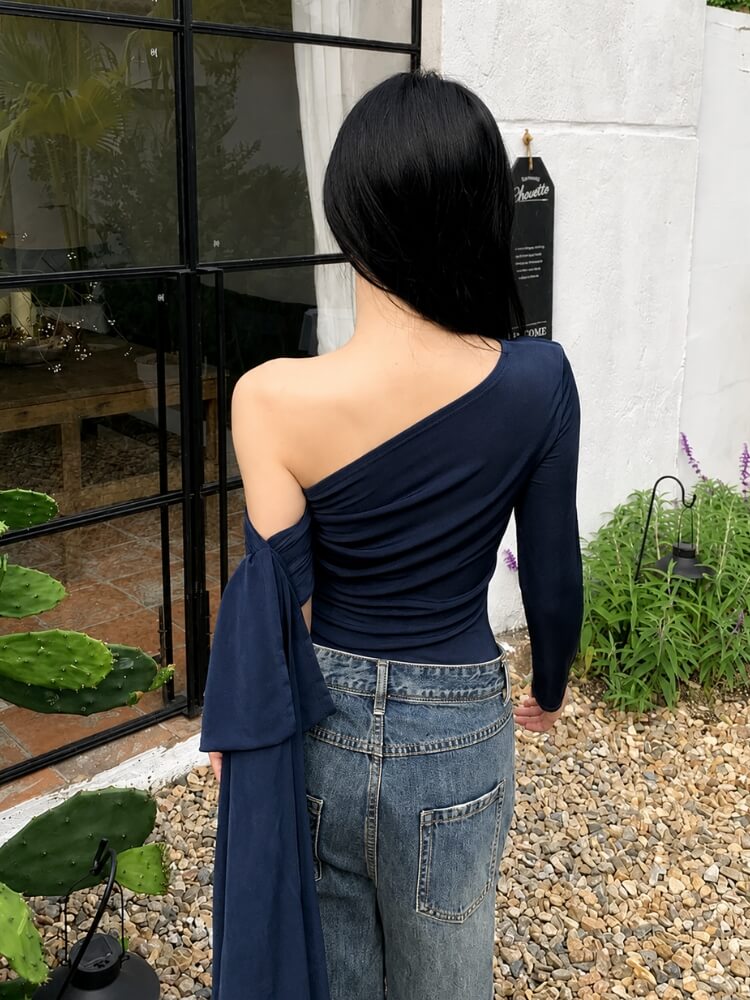 Y2K One Sleeve Draped Blouse with gathered bust, Y2K long sleeve top styled with low rise bottoms