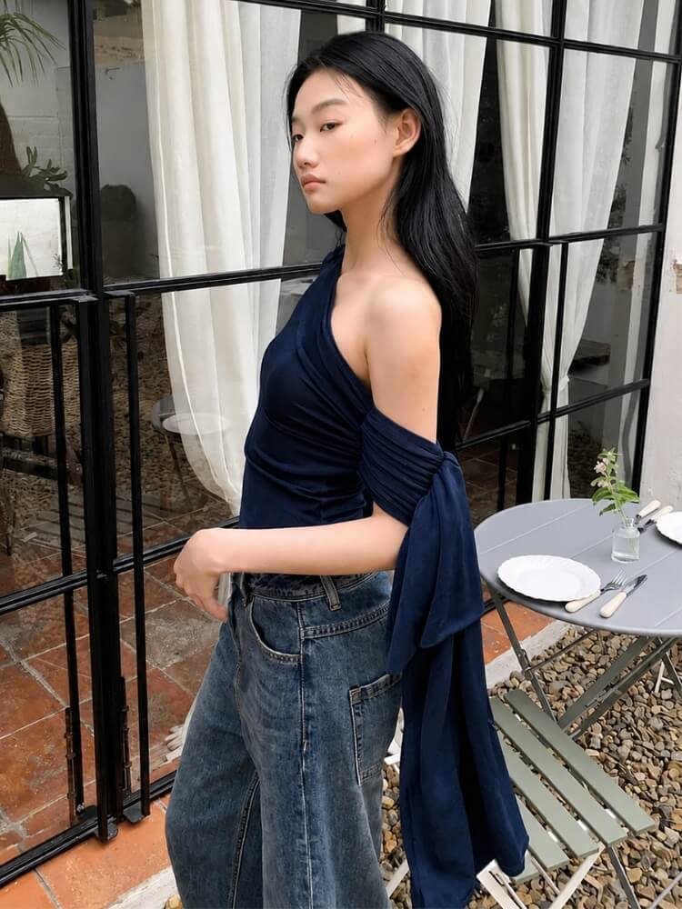 Y2K One Sleeve Draped Blouse with gathered bust, Y2K long sleeve top styled with low rise bottoms