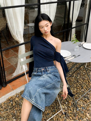 Y2K One Sleeve Draped Blouse with gathered bust, Y2K long sleeve top styled with low rise bottoms