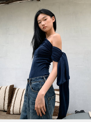 Y2K One Sleeve Draped Blouse with gathered bust, Y2K long sleeve top styled with low rise bottoms