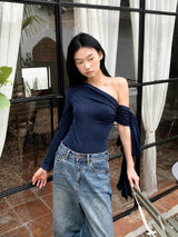Y2K One Sleeve Draped Blouse with gathered bust, Y2K long sleeve top styled with low rise bottoms