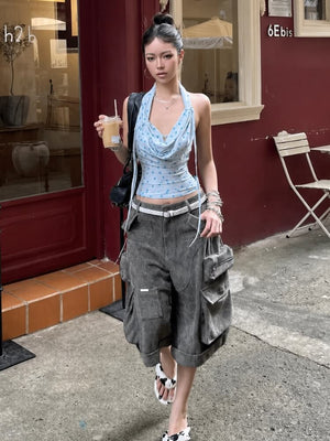 Y2K Open Back Halter Top with tie detail, Y2K halter top styled with low rise bottoms