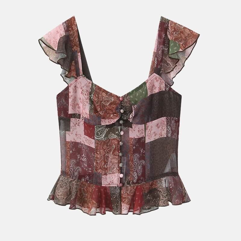 Y2K Paisley Mesh Top with sheer mesh, Y2K tube top styled with low rise bottoms
