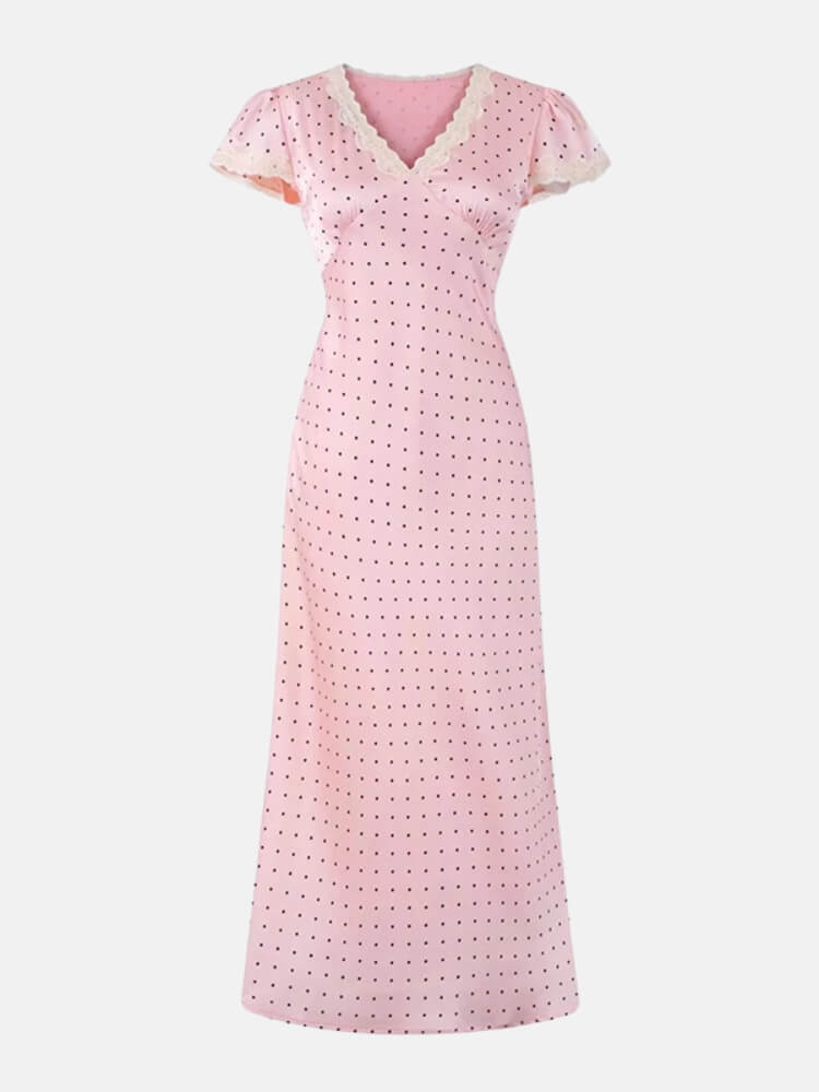 Y2K Pink Polka Dot Maxi Dress view 2 | MAUVSTUDIO®