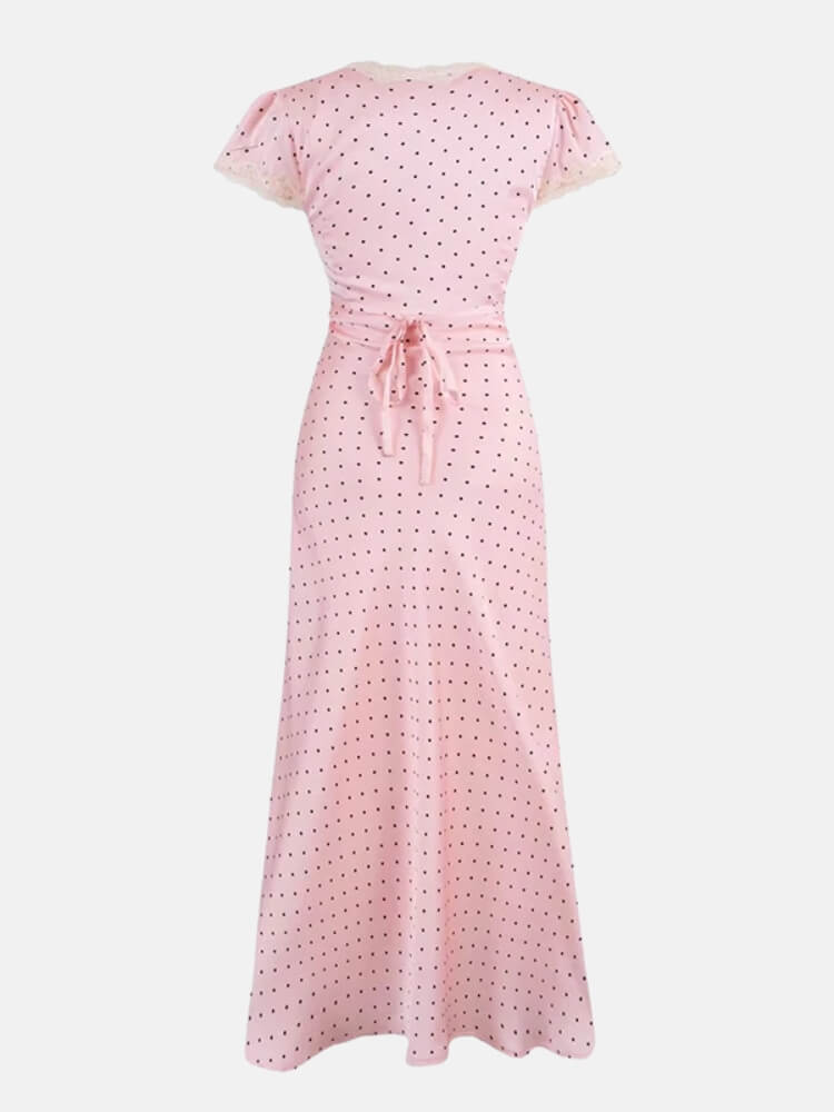 Y2K Pink Polka Dot Maxi Dress view 4 | MAUVSTUDIO®