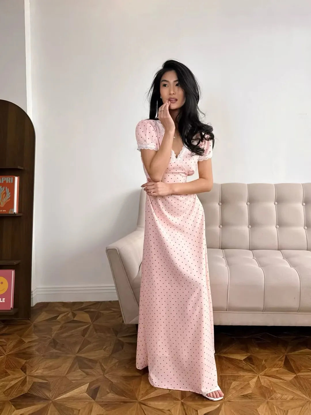 Y2K Pink Polka Dot Maxi Dress view 10 | MAUVSTUDIO®