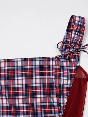Y2K Plaid Crop Top with sheer mesh, Y2K crop top styled with low rise bottoms