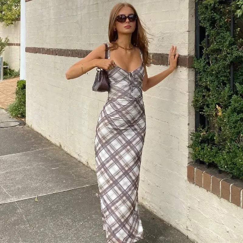 Y2K Plaid Slip Midi Dress view 3 | MAUVSTUDIO®