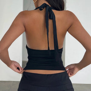 Y2K Plunge Halter Top with lace trim, Y2K halter top styled with low rise bottoms