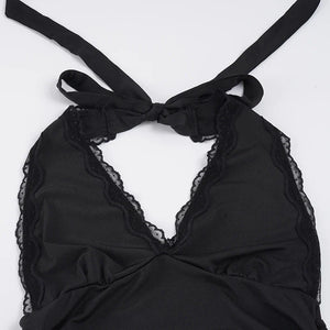 Y2K Plunge Halter Top with lace trim, Y2K halter top styled with low rise bottoms