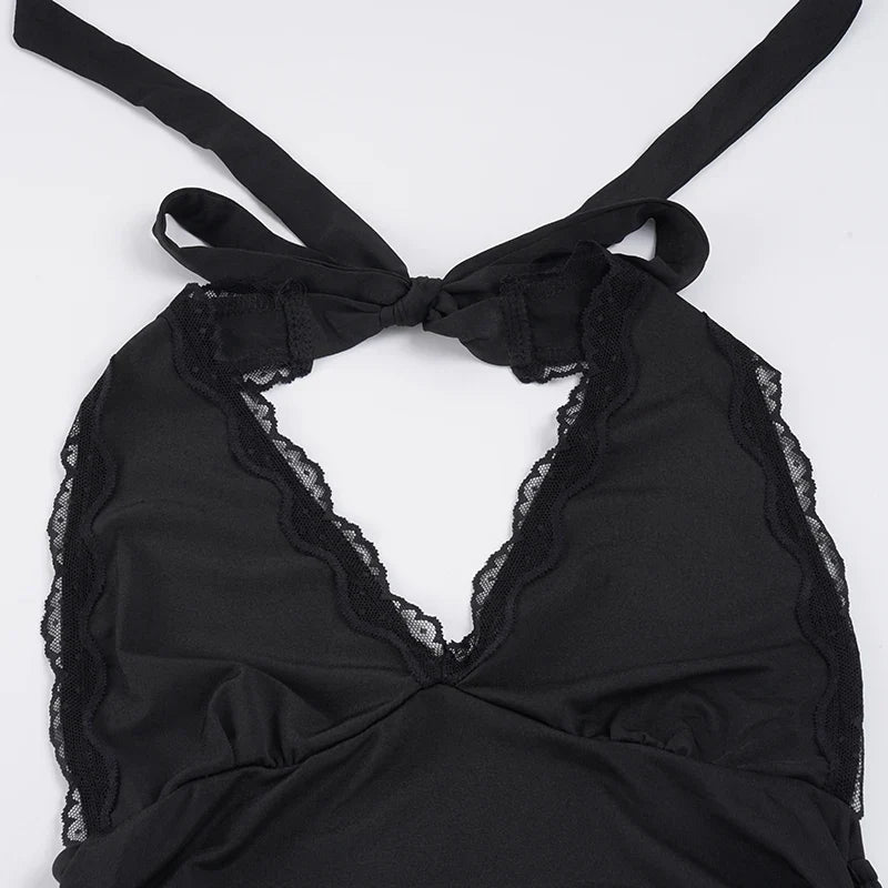 Y2K Plunge Halter Top with lace trim, Y2K halter top styled with low rise bottoms