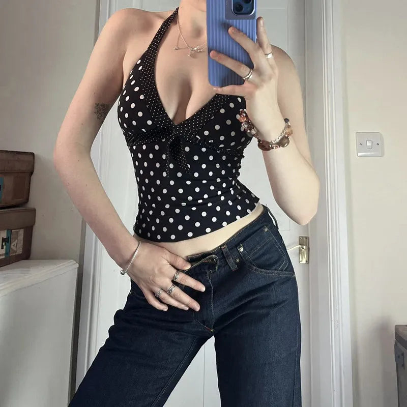 Y2K Polka Dot Halter Top with tie detail, Y2K halter top styled with low rise bottoms