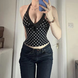 Y2K Polka Dot Halter Top with tie detail, Y2K halter top styled with low rise bottoms