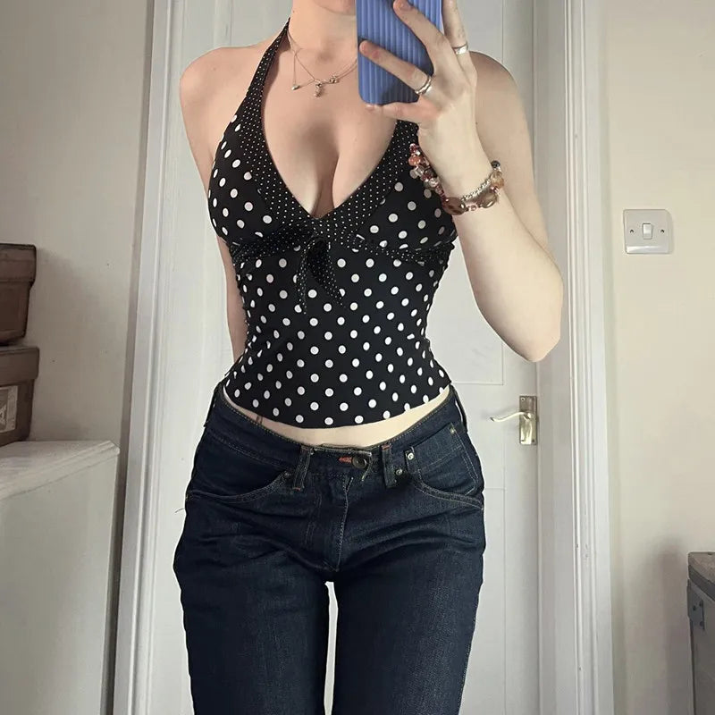 Y2K Polka Dot Halter Top with tie detail, Y2K halter top styled with low rise bottoms