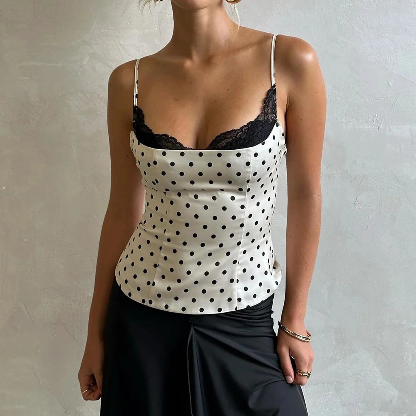 Y2K Polka Dot Lace Trim Top with lace trim, Y2K tube top styled with low rise bottoms
