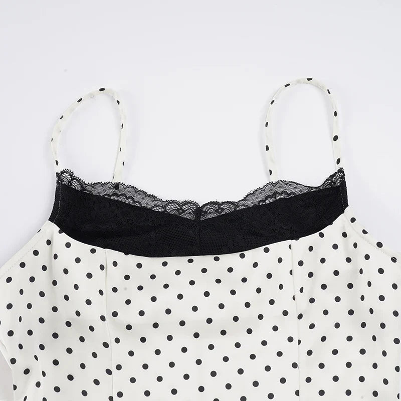 Y2K Polka Dot Lace Trim Top with lace trim, Y2K tube top styled with low rise bottoms
