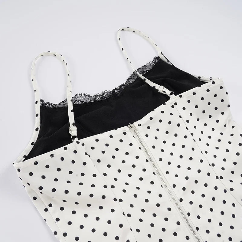 Y2K Polka Dot Lace Trim Top with lace trim, Y2K tube top styled with low rise bottoms