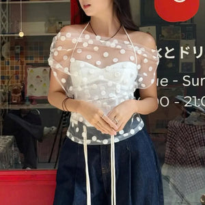 Y2K Polka Dot Mesh Tulle & Top with sheer mesh, Y2K halter top styled with low rise bottoms