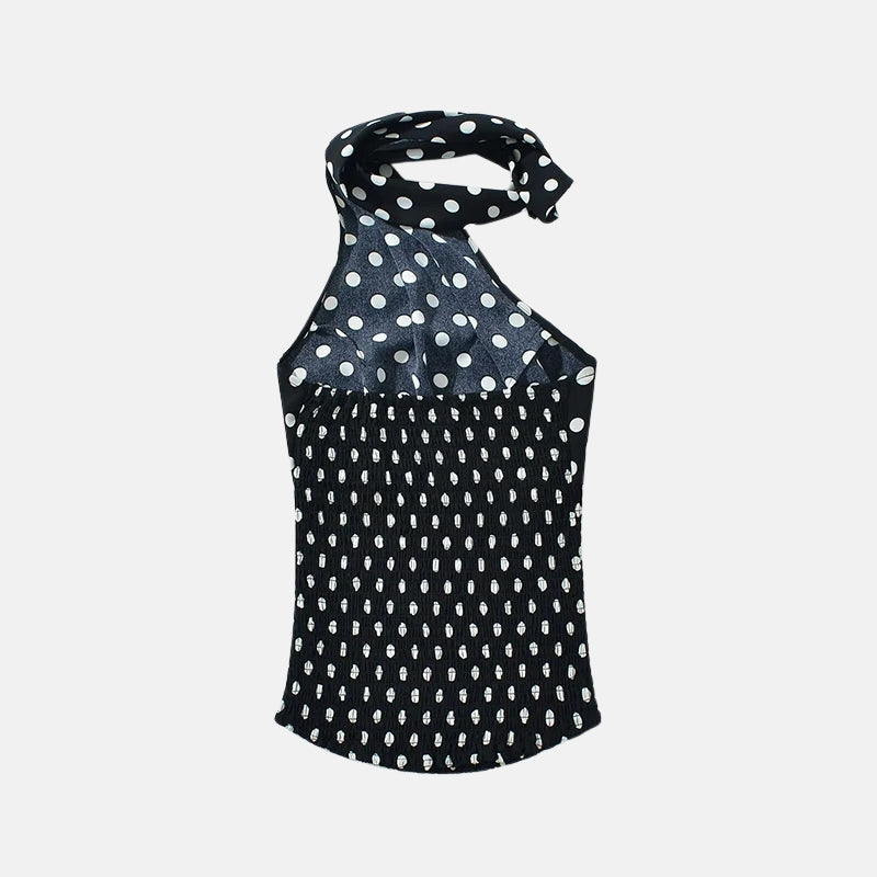 Y2K Polka Dot Scarf Halter Top with open back, Y2K halter top styled with low rise bottoms