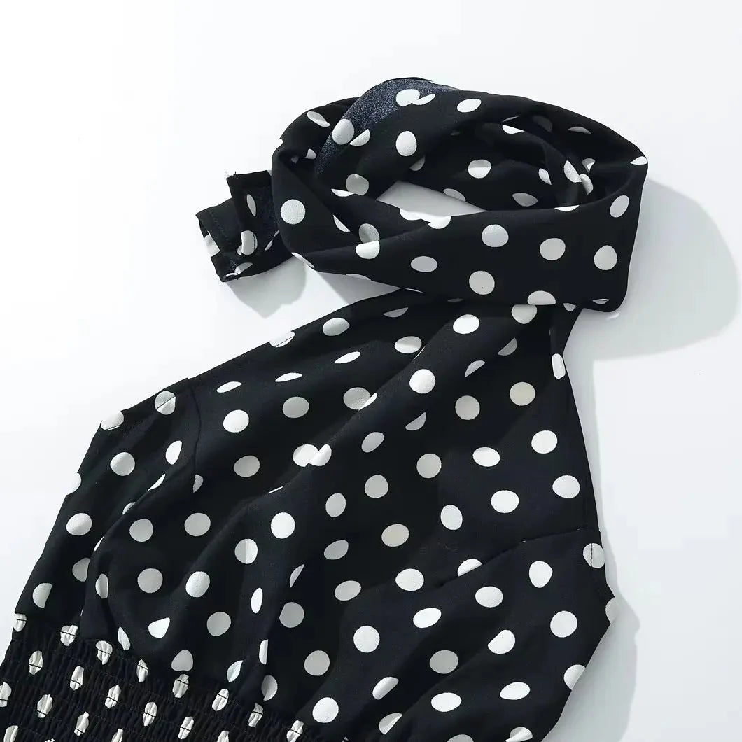 Y2K Polka Dot Scarf Halter Top with open back, Y2K halter top styled with low rise bottoms