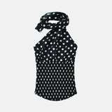 Y2K Polka Dot Scarf Halter Top with open back, Y2K halter top styled with low rise bottoms