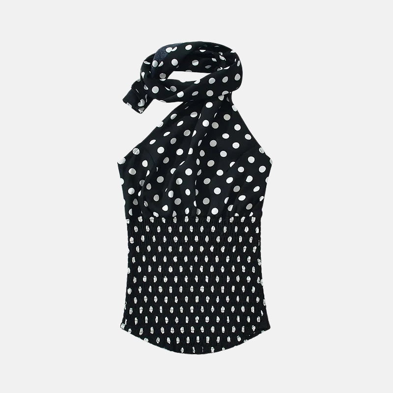 Y2K Polka Dot Scarf Halter Top with open back, Y2K halter top styled with low rise bottoms