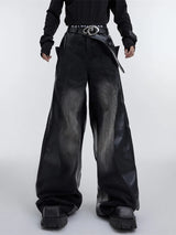 Y2K Pu Leather Patchwork Wide Leg Baggy Jeans