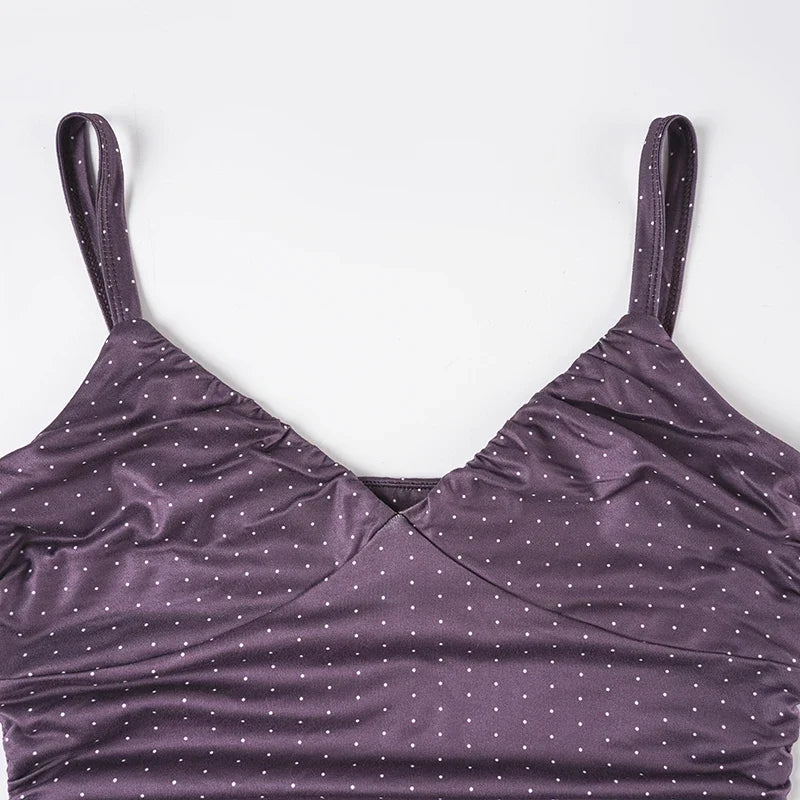 Y2K Purple Polka Dot Top with lace trim, Y2K tube top styled with low rise bottoms