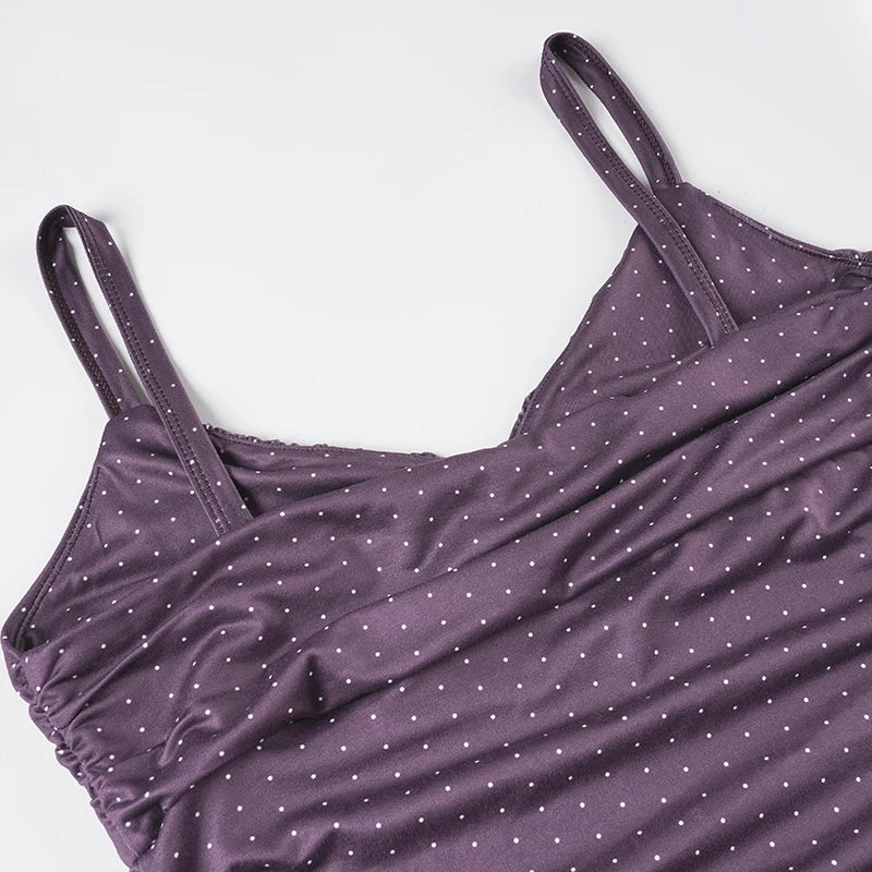 Y2K Purple Polka Dot Top with lace trim, Y2K tube top styled with low rise bottoms