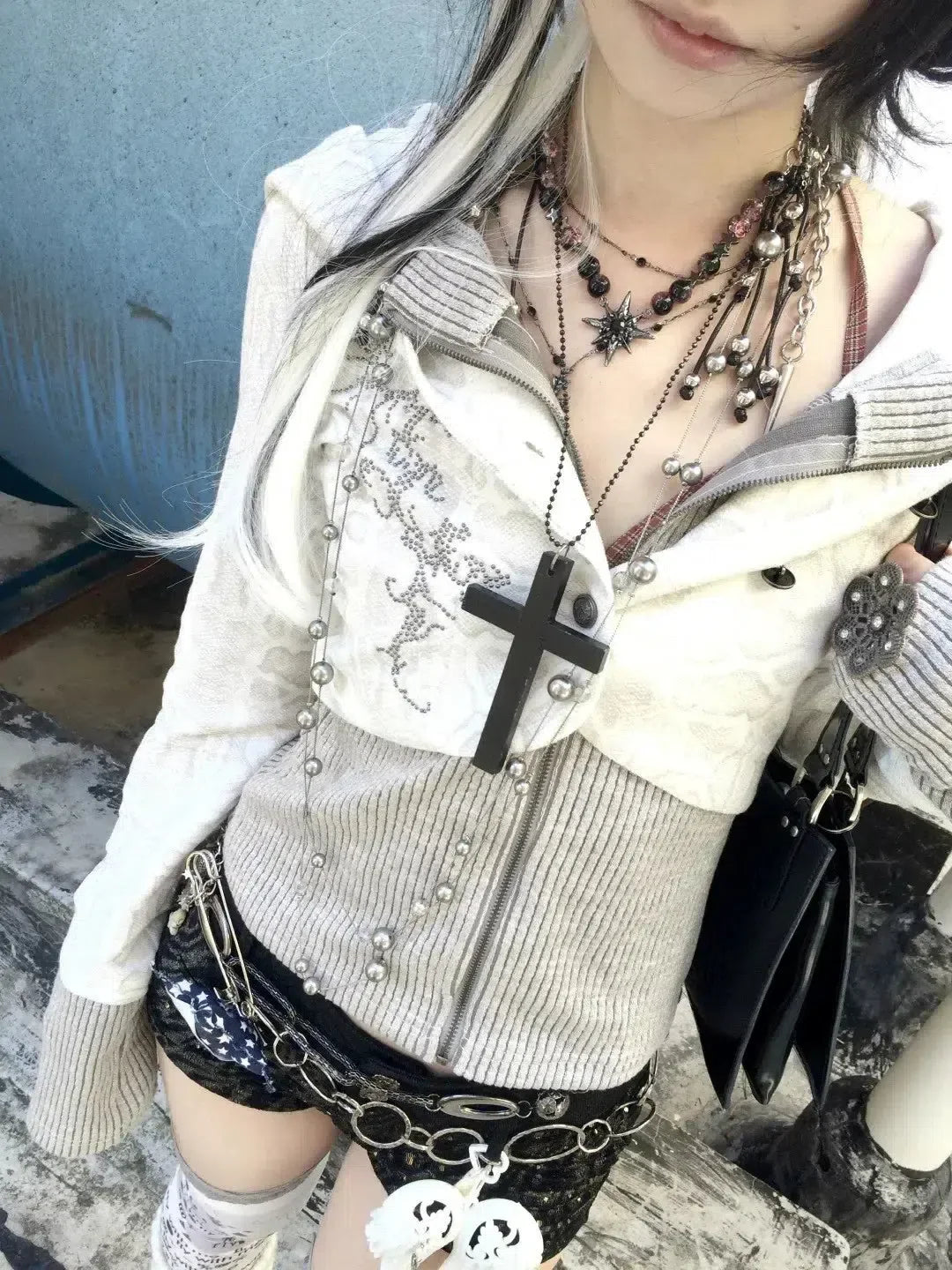 Grunge Y2K Rhinestone Layered Cardigan MAUVSTUDIO Grunge Y2K Rhinestone Layered Cardigan MAUVSTUDIO