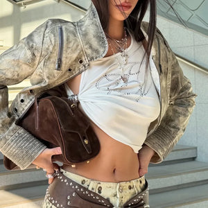 Y2K Rhinestone Tie-Up Crop Top with tie detail, Y2K tube top styled with low rise bottoms