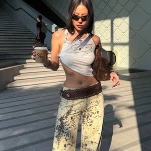 Y2K Rhinestone Tie-Up Crop Top with tie detail, Y2K tube top styled with low rise bottoms