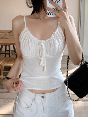 Y2K Ruched Bust Cami Top with lace trim, Y2K tube top styled with low rise bottoms