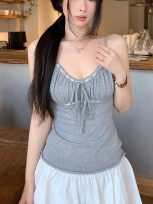 Y2K Ruched Bust Cami Top with lace trim, Y2K tube top styled with low rise bottoms