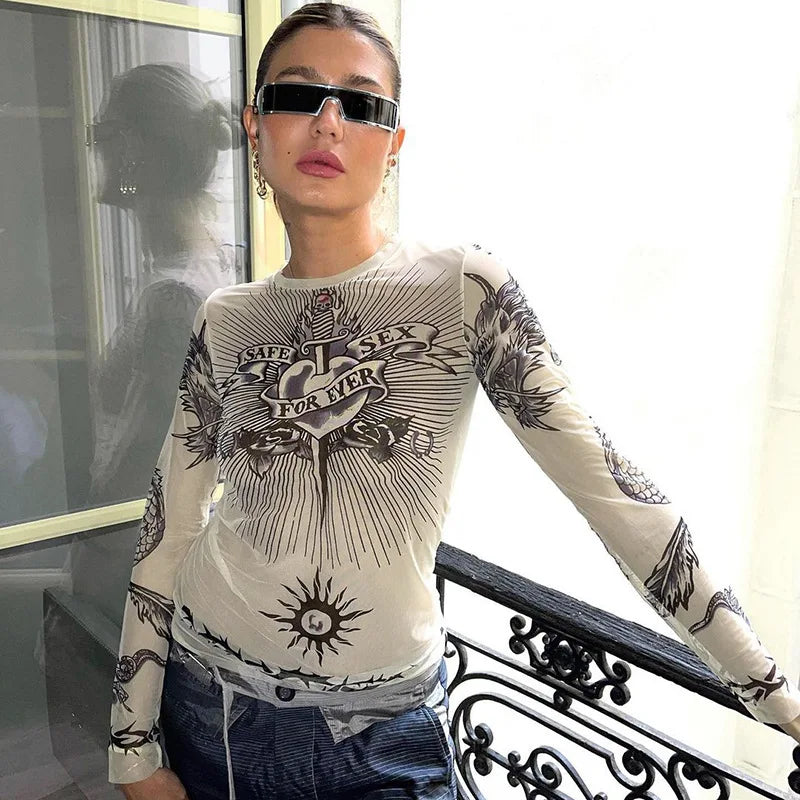 Y2K Sacred Heart Top with printed graphic, Y2K long sleeve top styled with low rise bottoms