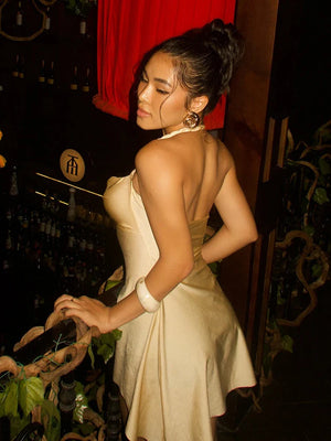 Y2K Satin Shell Halter Mini Dress view 2 | MAUVSTUDIO®